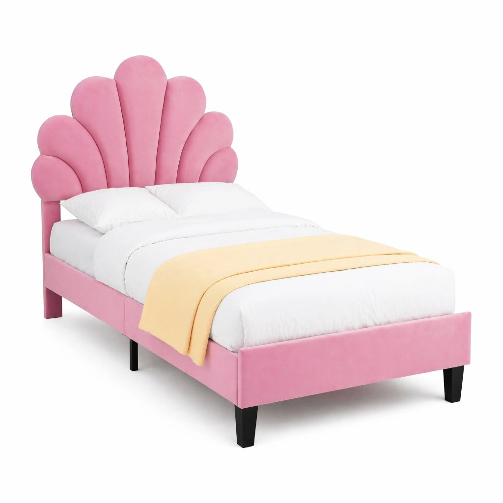 Letto singolo 90x200 cm con testiera a fiore e rete a doghe; velluto rosa