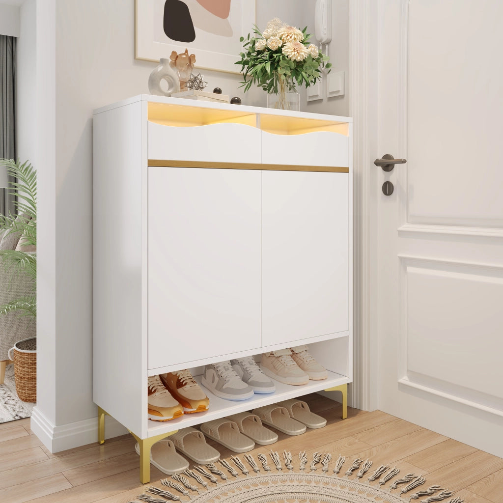 Scarpiera con 2 cassetti e 2 ante LED 16 colori ripiani regolabili in MDF bianca 80 × 35 × 105 cm