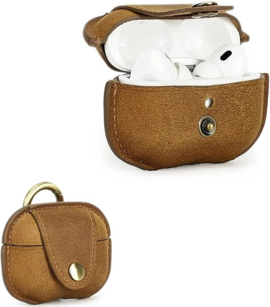 Copertura in pelle impermeabile per auricolare - Protezione per cuffie wireless - Porta caricamento - Cinturino - Modello per Air Pods Pro 2a generazione - Colore marrone