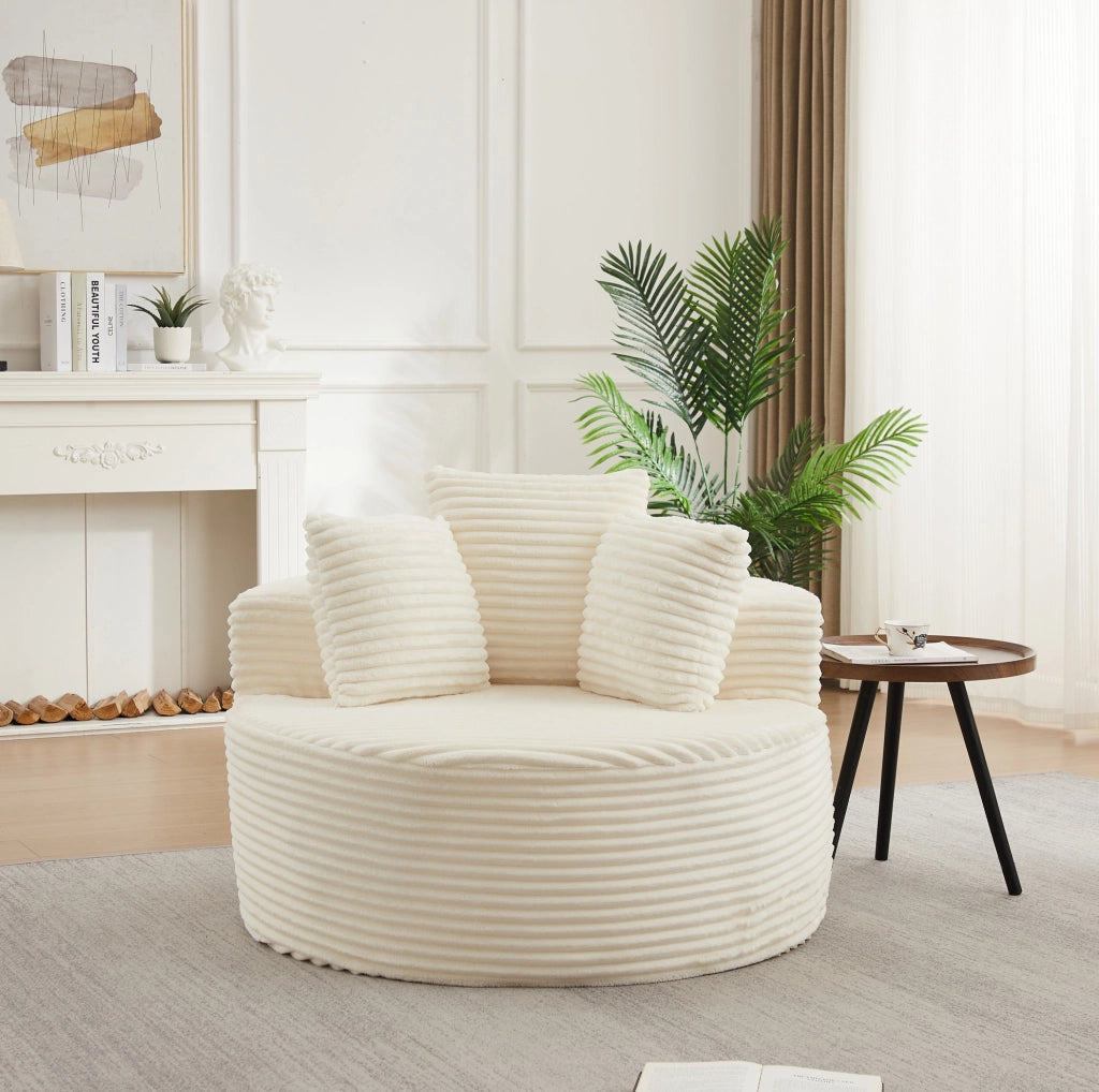 Poltrona lounge rotonda in velluto a coste beige con 3 cuscini HOMVRA