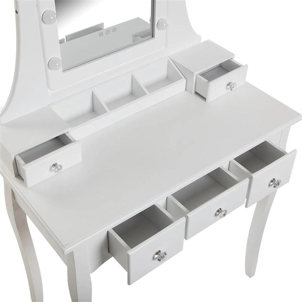 Toeletta trucco Glam in legno bianco specchio quadrato con luce led