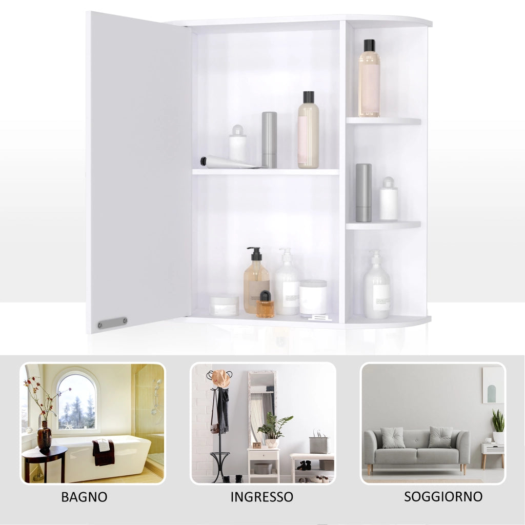 EasyComfort Specchio Bagno Contenitore, Armadietto Bagno con Specchio, Anta Centrale e Mensole in Legno Bianco (66 x 17 x 63 cm)