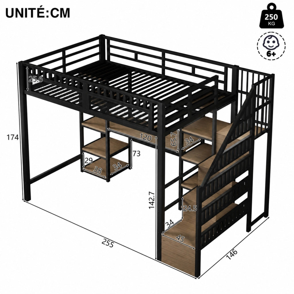 DESMIU Letto a soppalco 140 × 200 cm 1 posto con scrivania, scaffali, LED e USB, senza materasso, nero