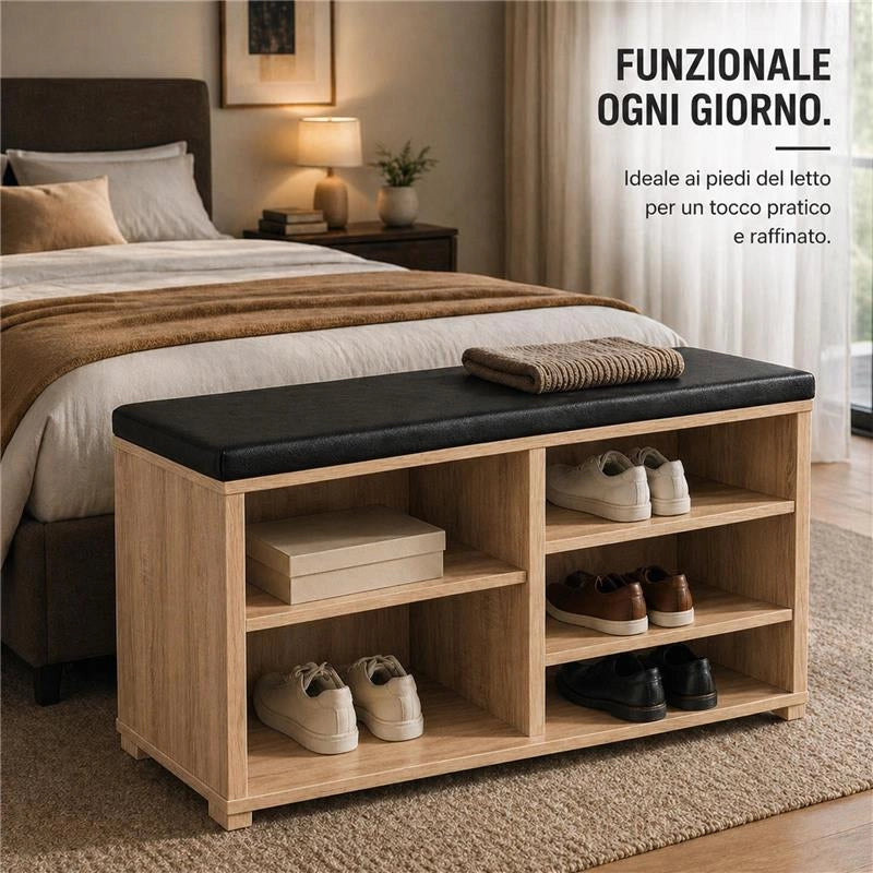 SCARPIERA IN MDF ROVERE CON RIPIANI E SEDUTA IN SIMIL PELLE NERA MISURE: 80X30X47 CM