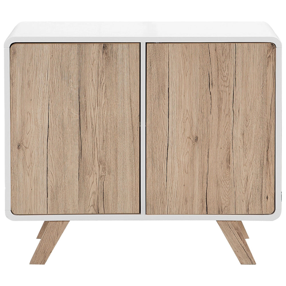 Madia credenza impiallacciata in legno chiaro e bianco 76 x 90 x 40 cm con gambe in legno di pino 2 ante