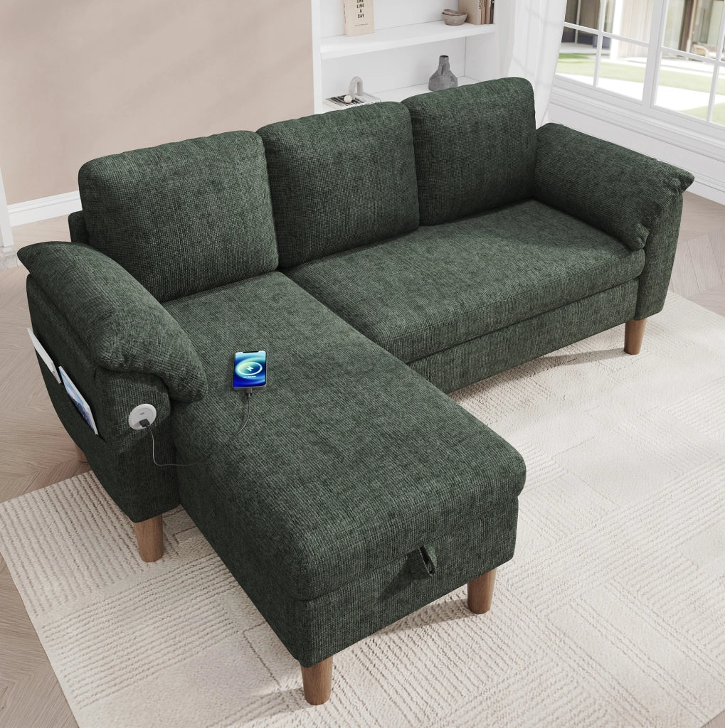 Divano angolare modulare 3 posti con chaise longue reversibile; contenitore; USB e Type-C; ciniglia verde