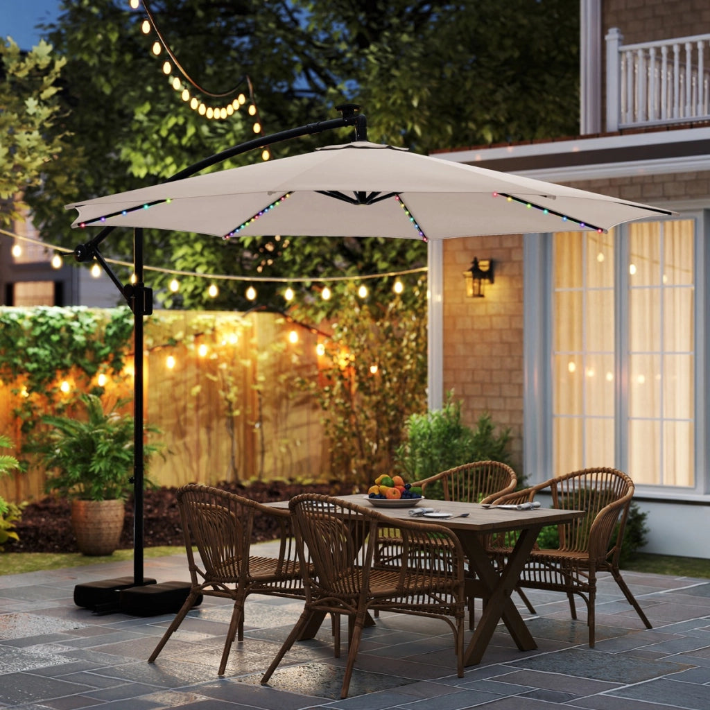 Ombrello a braccio con luci LED regolazione facile dell'inclinazione, Ombrello sospeso solare con base Beige-Ombrelloni