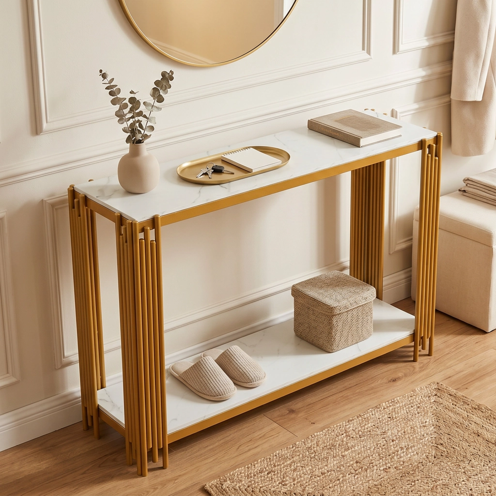 Consolle con 2 ripiani, effetto marmo, in MDF e metallo dorato, per ingresso e soggiorno, 123,5 × 33,5 × 80 cm