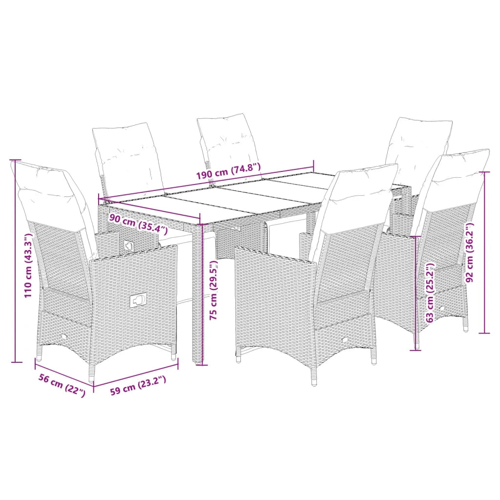 Set da Pranzo da Giardino 7 pz Nero con Cuscini in Polyrattan 3276867