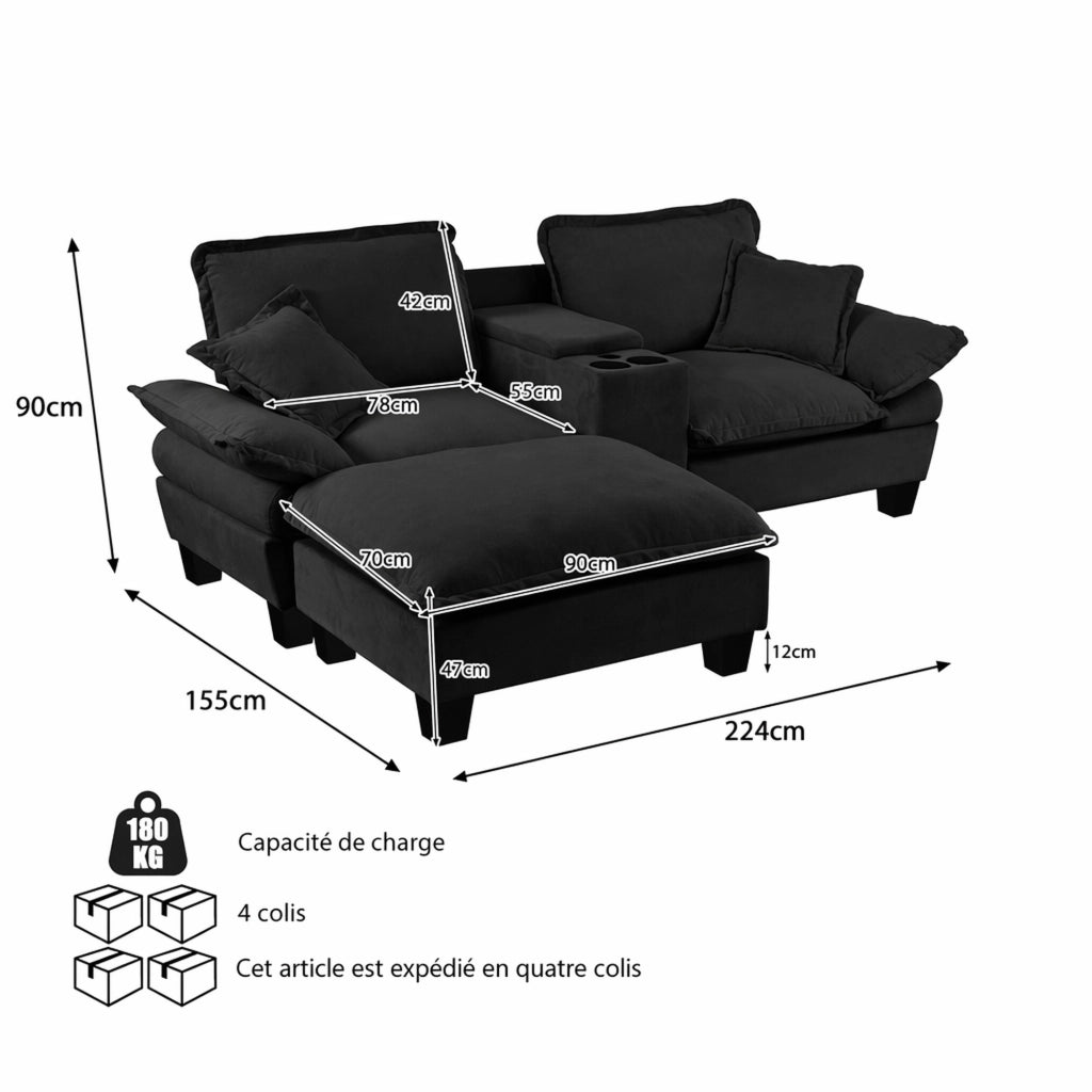 Sofà modulare con chaise longue, porta USB, contenitore e portabicchieri in chenille nera 224 × 151 × 90 cm