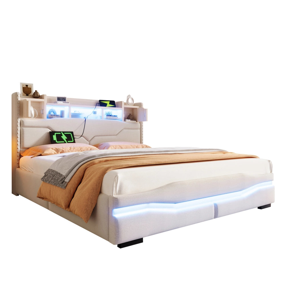 Letto imbottito 160x200 cm con contenitore e LED; prese USB e Tipo-C in lino beige