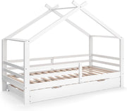 Letto montessori bambini Luni, Bianco, 200 x 90 cm con letto per ospiti, come una piccola casa per un'atmosfera calda
