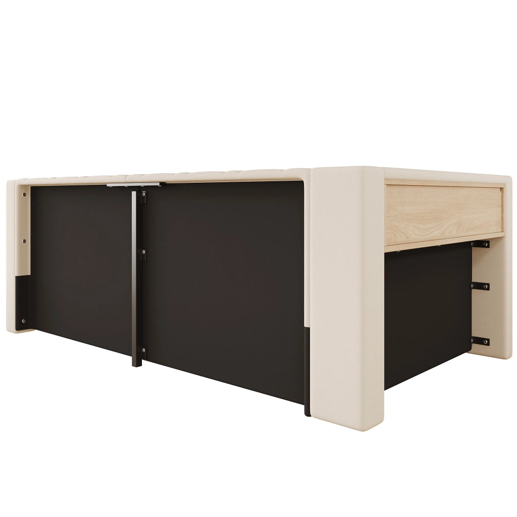 Letto singolo 90x200 cm beige con contenitore idraulico; LED dimmerabile e mensole
