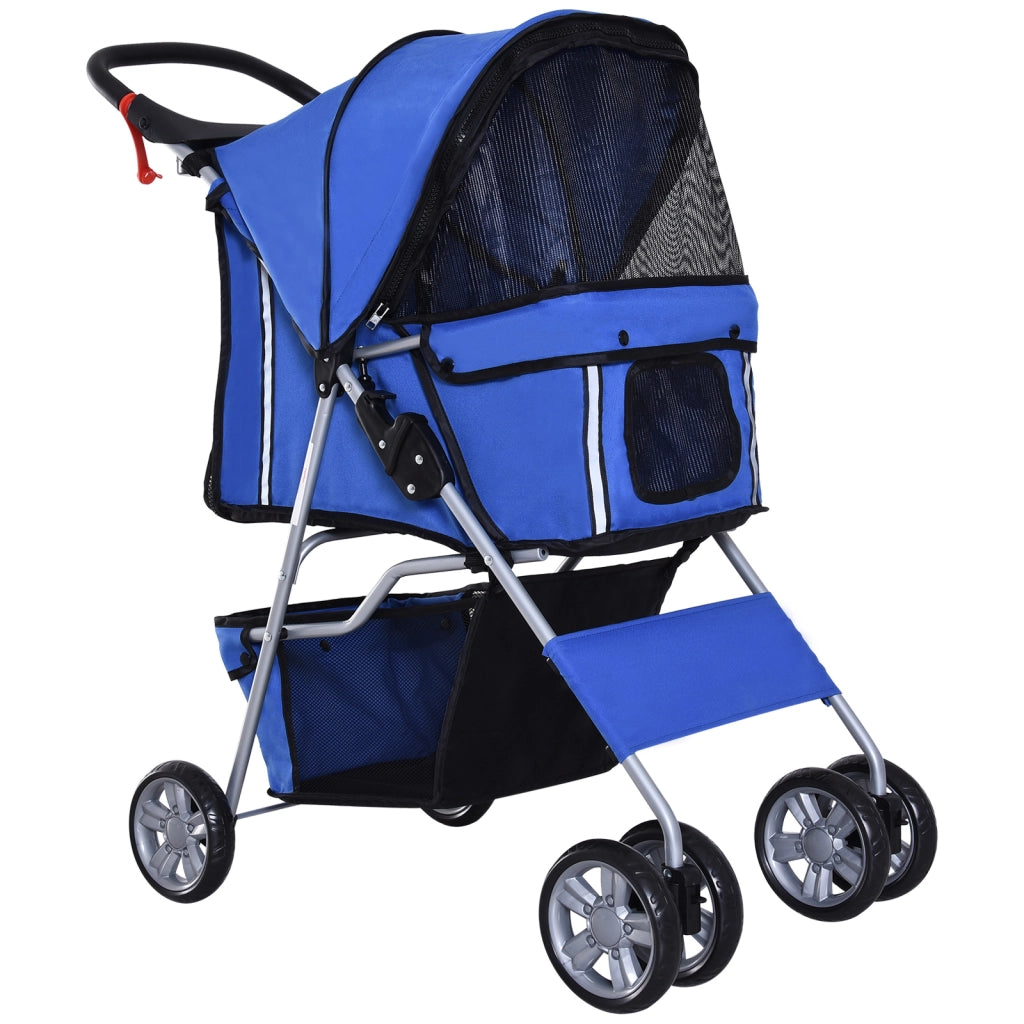 Carrello pieghevole per animali a 2 ripiegamenti con accesso a zip, cestello e 2 portabicchieri in poliestere blu