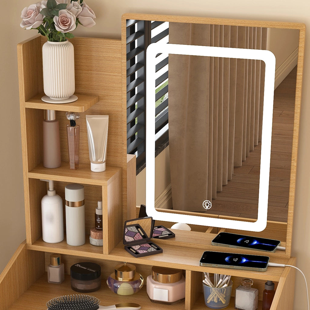 Toeletta con 2 cassetti; specchio LED e porta phon - per camera da letto - 60×36×130 cm
