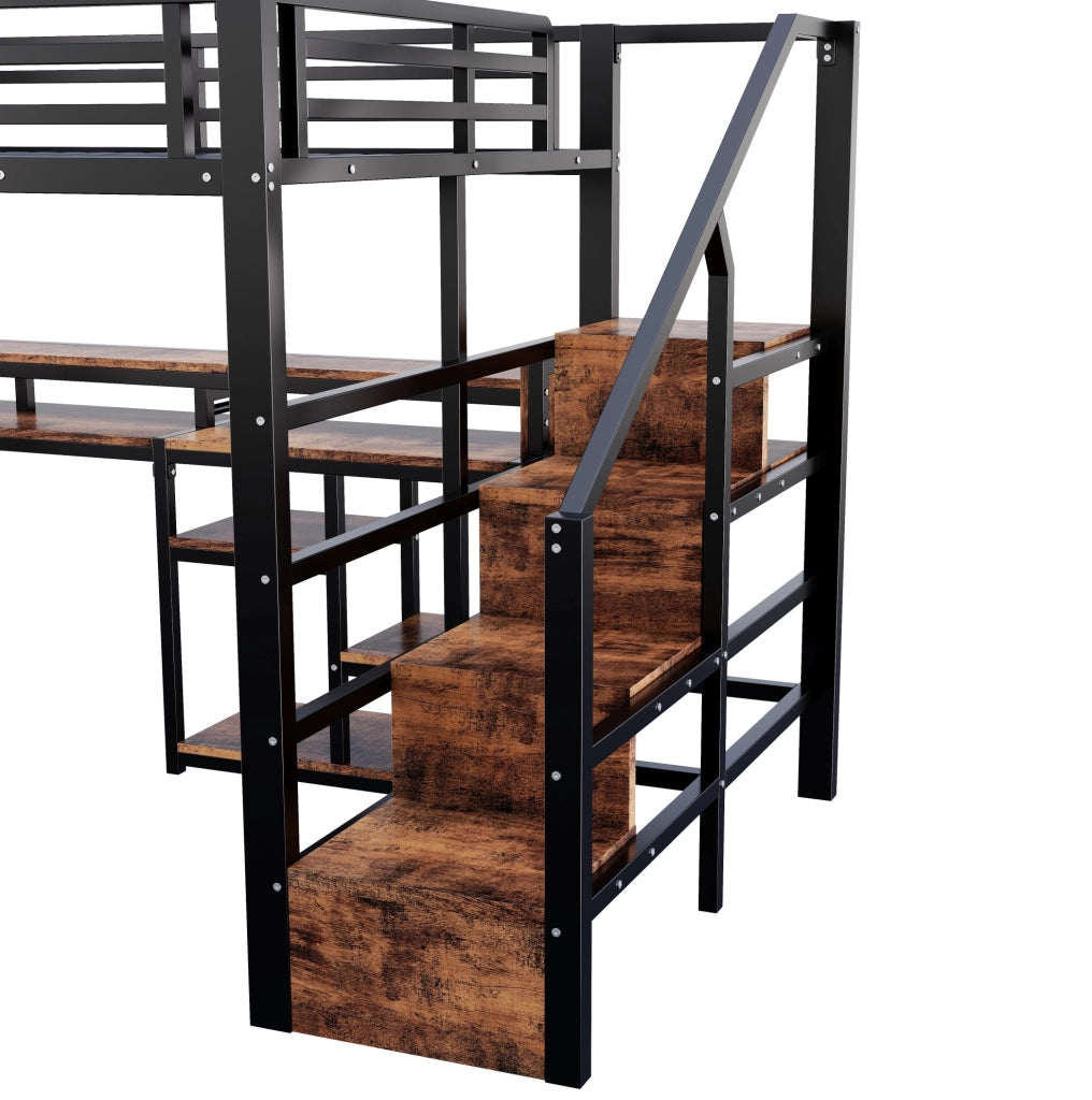 Letto a soppalco 140x200 cm in metallo nero con armadio scala, LED e USB-C HAVRYA