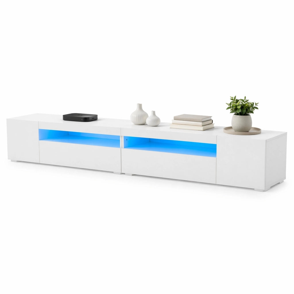 Mobile TV moderno bianco 240 cm con illuminazione LED variabile, struttura in MDF e design simmetrico