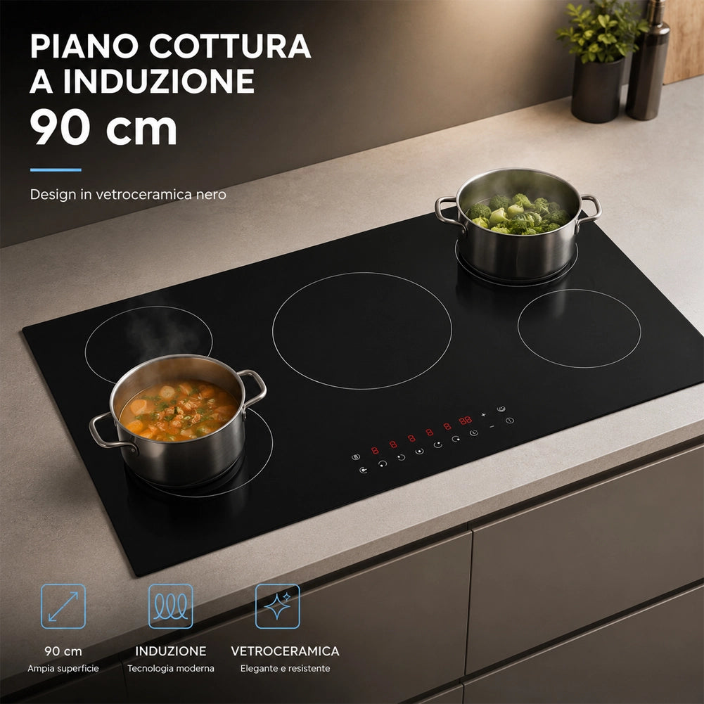 Piano Cottura a Induzione 90 cm in Vetroceramica Nero Controllo Touch 5 Fornelli