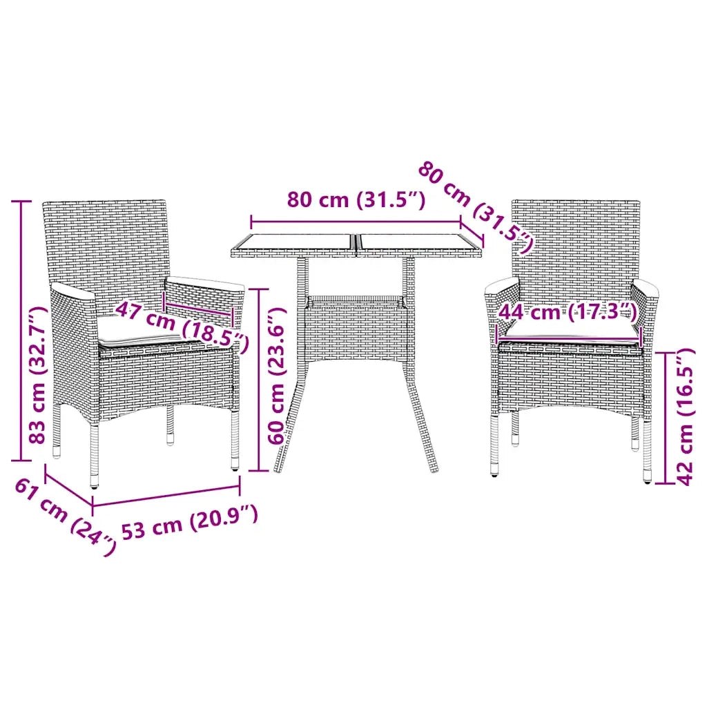 Set da Pranzo da Giardino 3 pz con Cuscini Polyrattan e Vetro 3278707