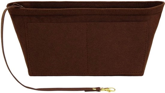 Organizzatore di tasca per borse con inserto per organizzare accessori, contenitore per portafoglio e cosmetici con hanger per chiavi e tessuto marrone scuro, grande.