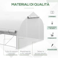 Serra da Giardino 4x3m a Tunnel con Copertura in PE, Porta e 8 Finestre Avvolgibili, Bianco