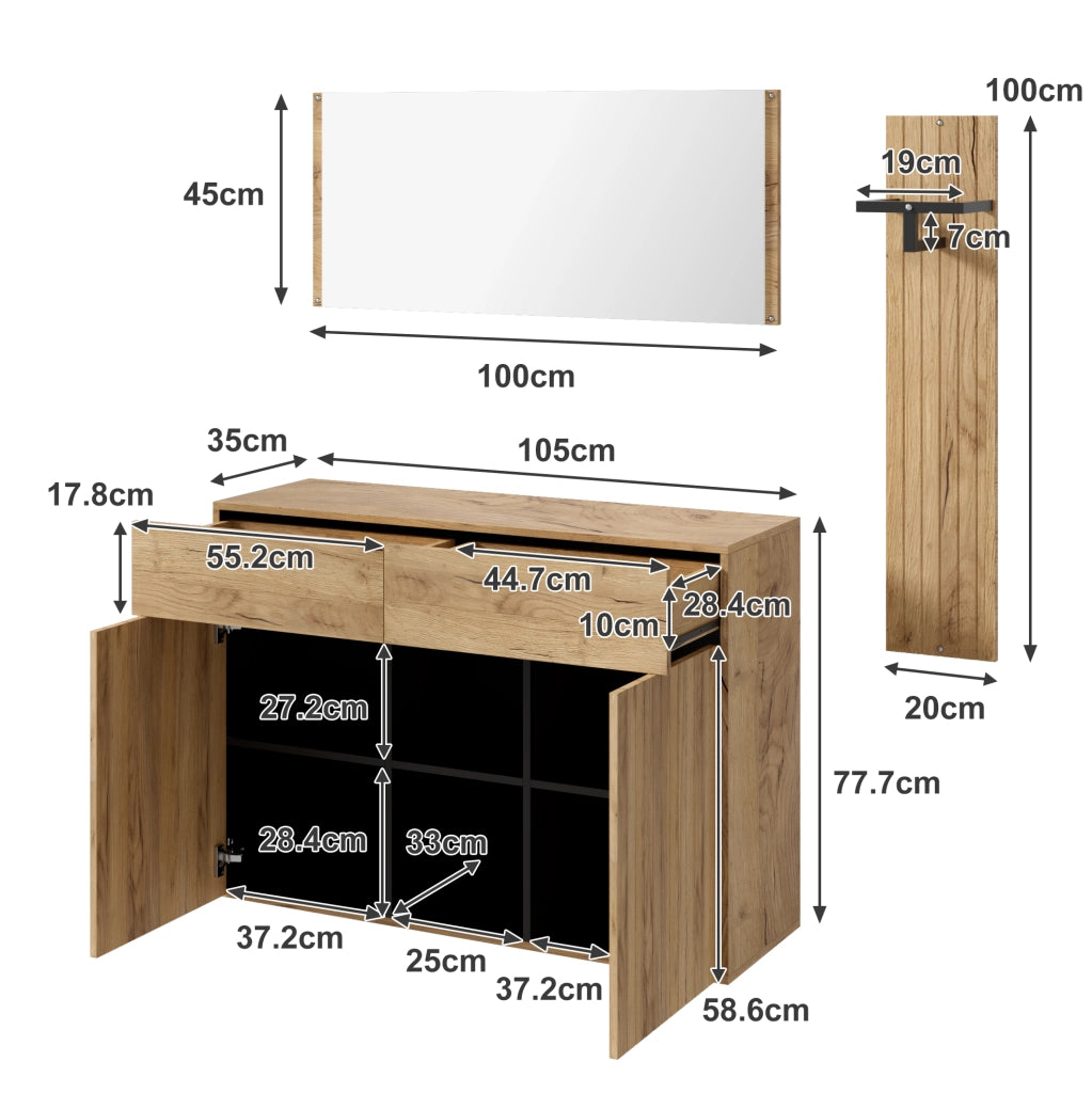 Set ingresso con specchio, appendiabiti e scarpiera in legno e nero 125x35x178 cm
