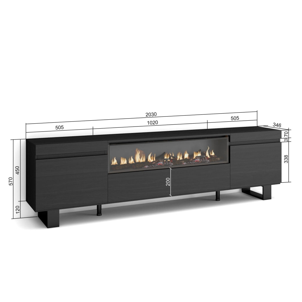 Mobile TV, 200x35x57cm, soggiorno, Per TV fino a 80", Camino elettrico, Design industriale, Nero RF2188