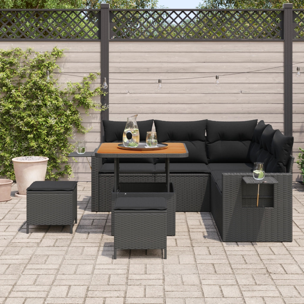 Set Divano da Giardino da 8 Pezzi con Cuscini Nero Polyrattan Acacia