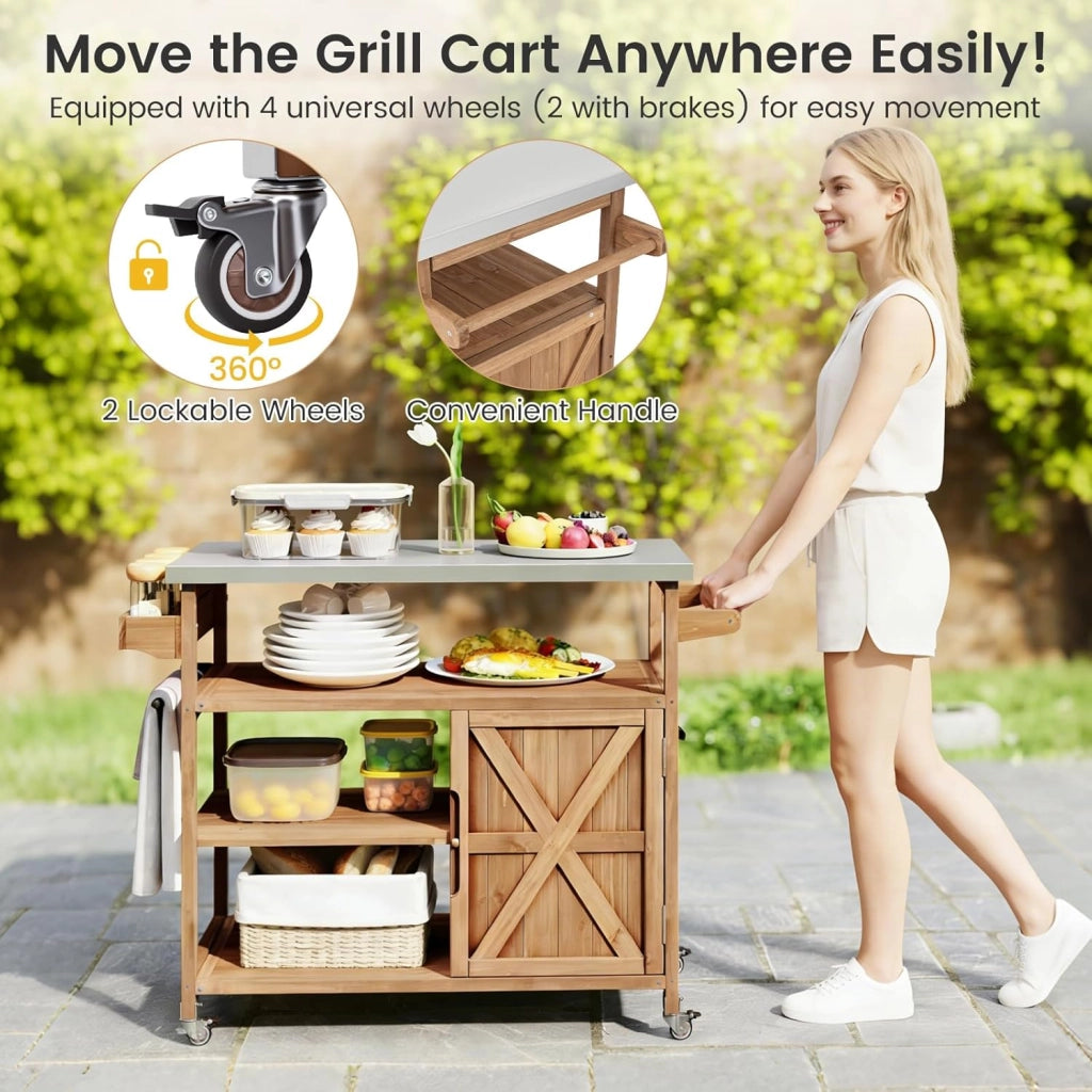 Carrello da giardino in legno esterno con piano di lavoro in acciaio inox, 3 ripiani, armadietto, 4 ruote universali, 118 x 47 x 92 cm, carico 50 kg