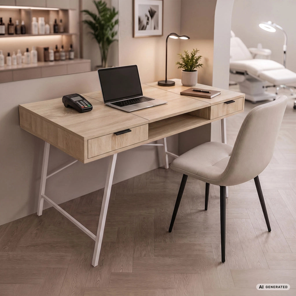 Scrivania industriale per computer Rovere Sonoma ARDEN 120 cm 2 cassetti 1 ripiano gambe bianche
