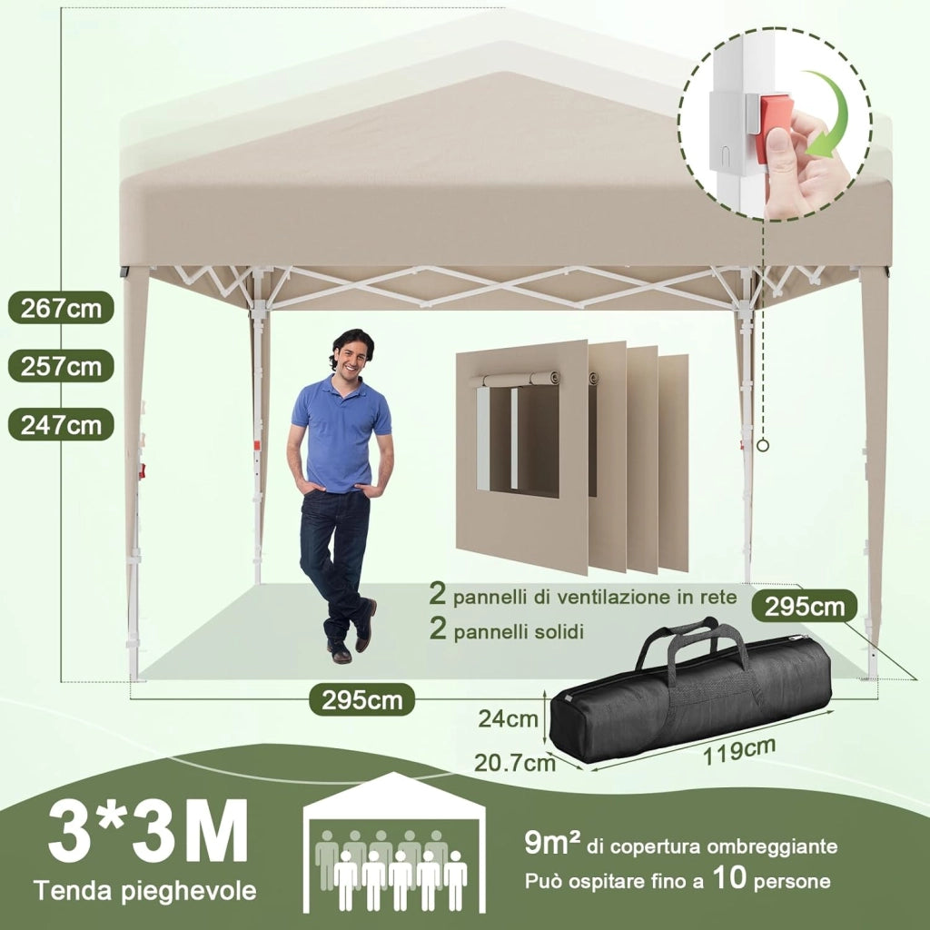 Gazebo Pieghevole con Finestra a Rete Aerata, Gazebo 3x3 Impermeabile Stabile Invernale, Gazebo Pop Up con Pareti Laterali, Protezione UV 50+, Tenda da Festa per Giardini, Campeggio (Beige)