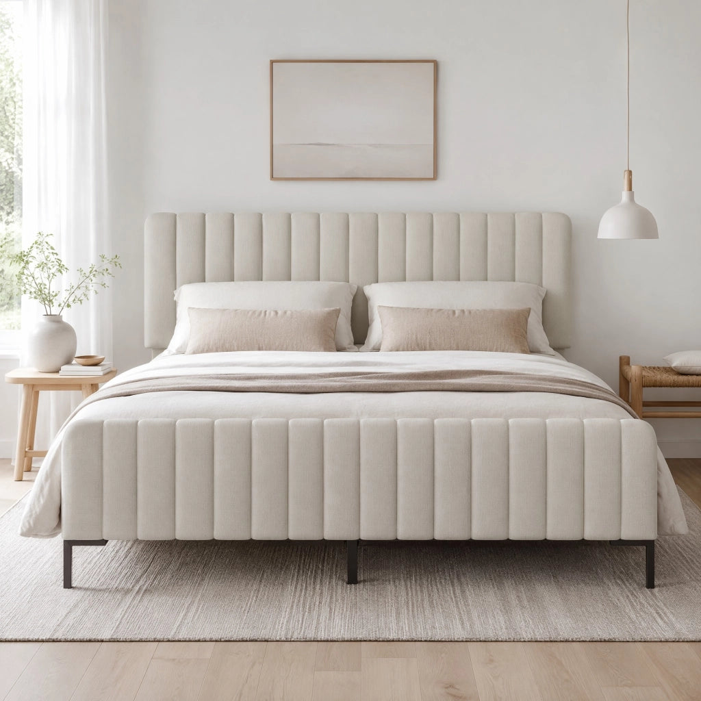 Letto imbottito matrimoniale 180x200 cm, testiera regolabile, struttura in legno e metallo, grigio-beige