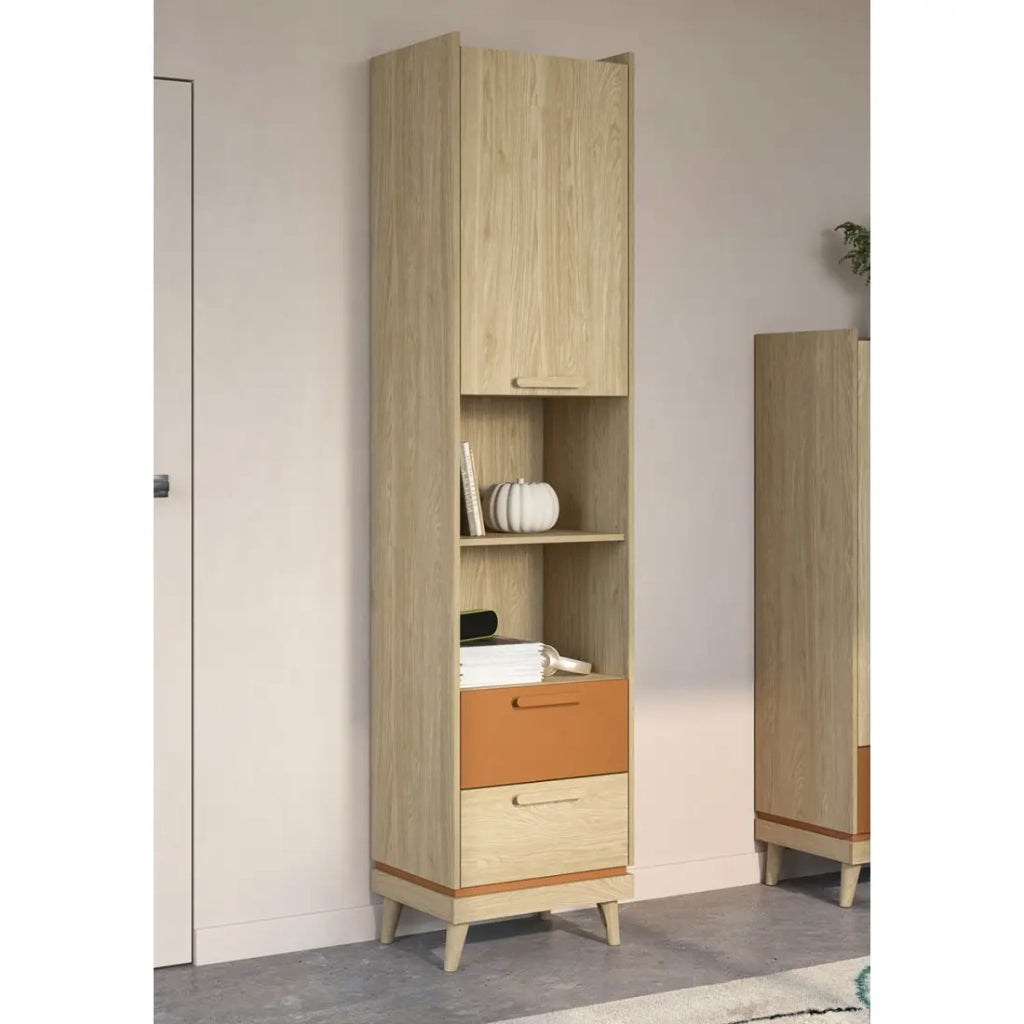Biblioteca NOKI – Rovere chiaro e moka – 1 porta + 2 cassetti stile scandinavo