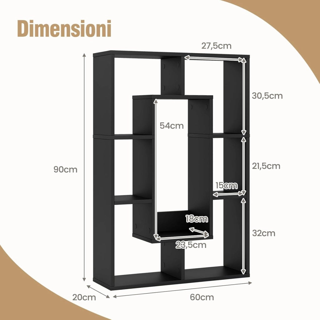 Libreria in Legno, Scaffale Aperto Geometrica a 7 Cubi, Scaffale da Esposizione con Dispositivo Anti-Ribaltamento, per Ufficio Soggiorno Camera da Letto, 60x20x90 cm (Nero)