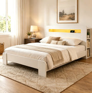 Letto ULEVR 140x200 cm con testiera contenitore, LED e prese integrate, bianco