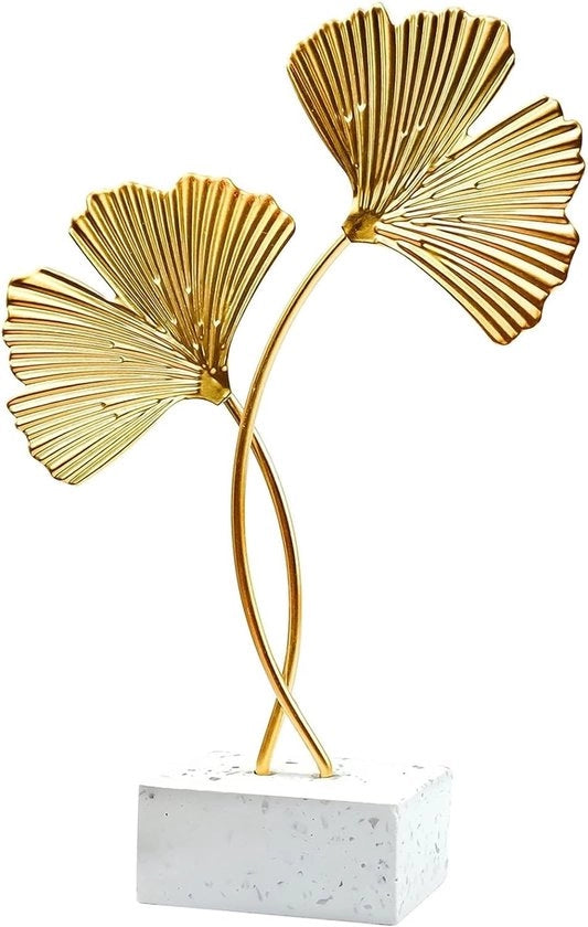 Decorazione per Sala da Pranzo - Ornamento d'Oro - Statua di Foglia di Ginkgo - Base di Marmo - 21 x 14 cm - Oro