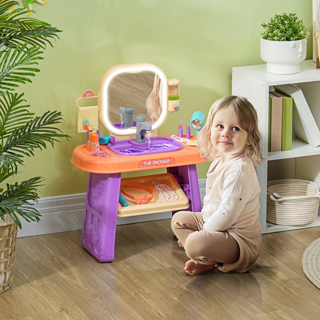 Tavolo trucco bambini con LED, specchio e rubinetto ¨C zephmum ¨C lilla 55x29x71