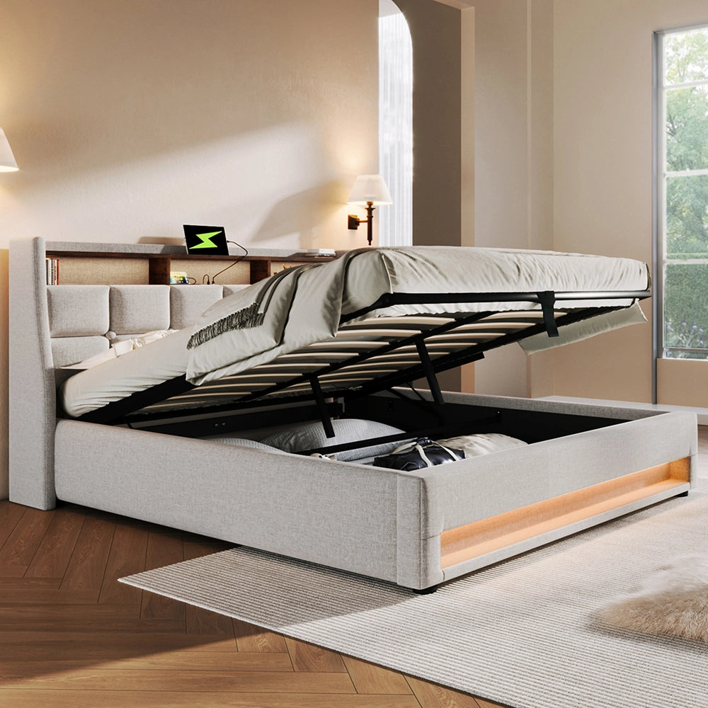 Lit 160x200 cm - Xylo - Rimbottito USB LED - Senza materasso Beige