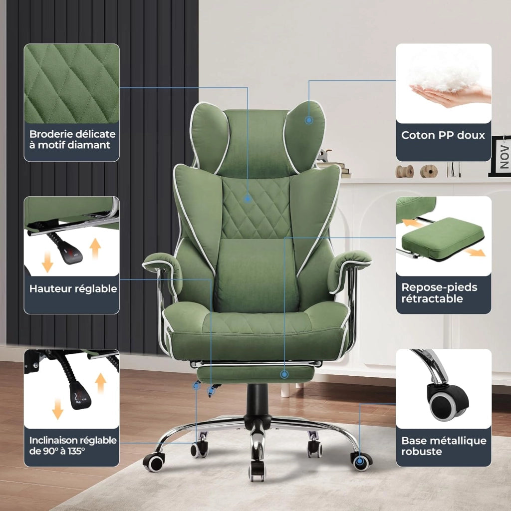 Sedia Gaming Ergonomica Sedia da Gaming Reclinabile Sedia Ufficio con Poggiapiedi Sedia Gamer Schienale Regolabile per Lavoro e Gioco tessuto tecnologico verde