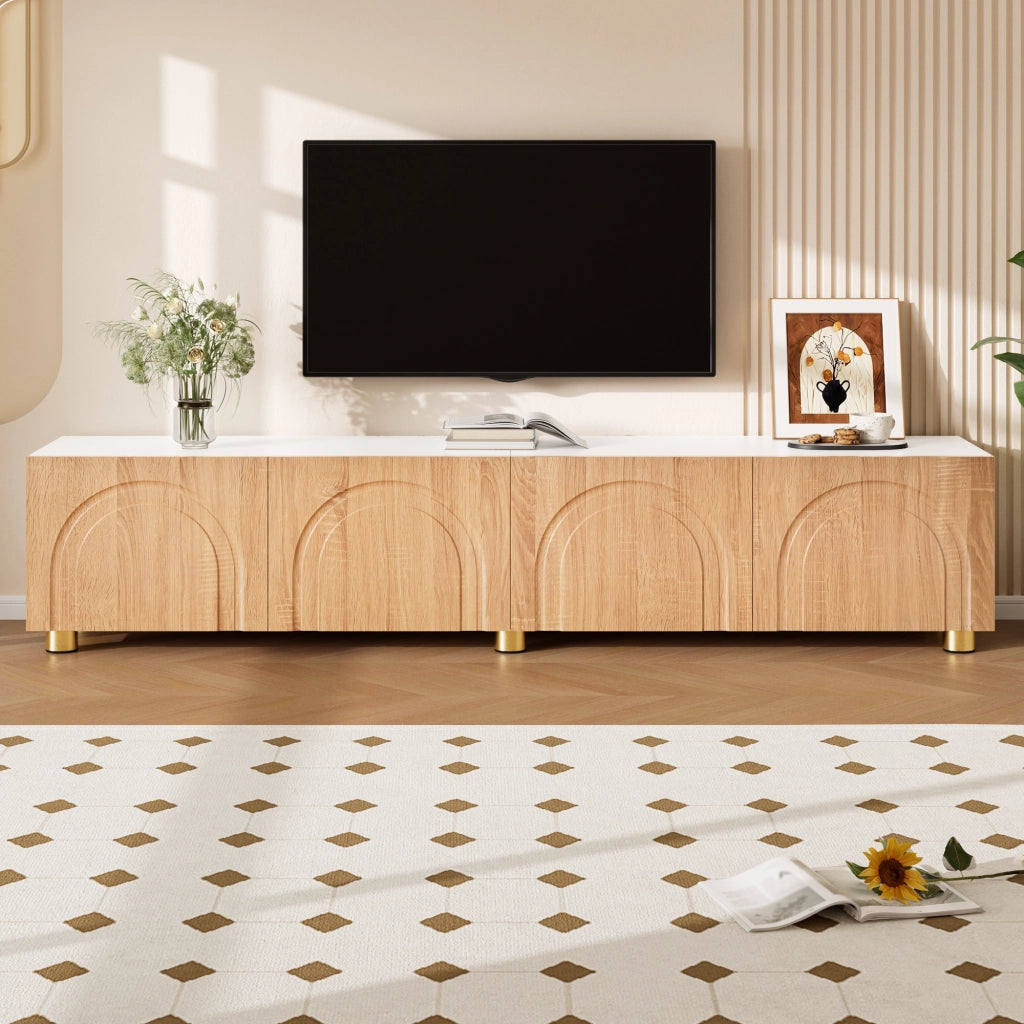 Mobile porta TV con 4 ante e rilievo ad arco, piedi in metallo, per soggiorno, in MDF e truciolare, 180 × 35 × 40 cm