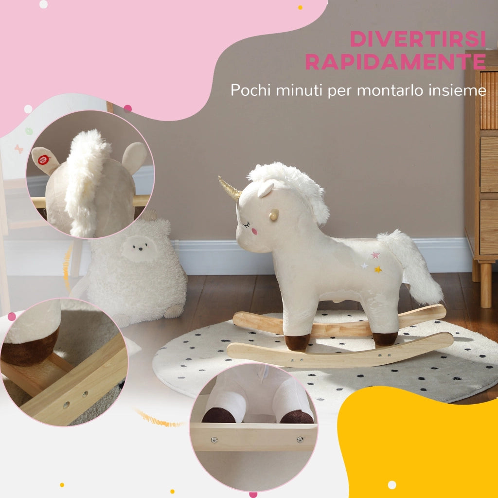 Cavallo a Dondolo per Bambini in Legno e Peluche Unicorno Bianco