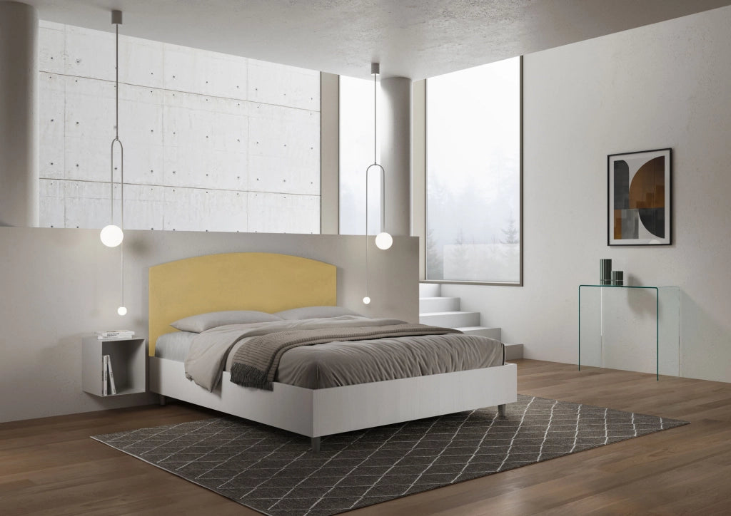 BS COM Letto matrimoniale senza rete 160x190 bianco frassino testata microfibra ocra