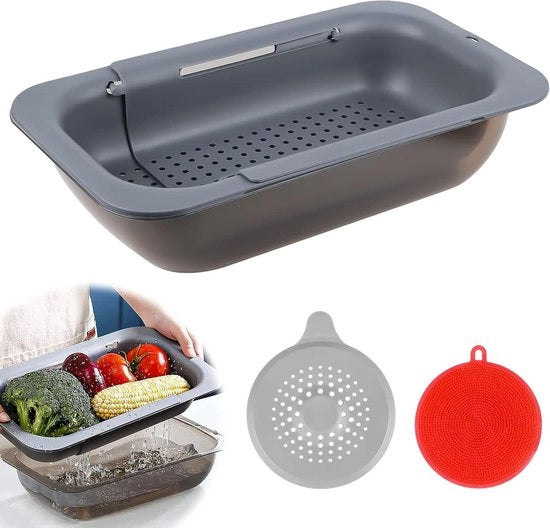 Strumento di drenaggio per lavello estraibile con set di pastazza - idoneo per lavello da 345 a 475 cm - drenaggio a sifone con supporti - set di drenaggio per lavaggio verdure e frutta