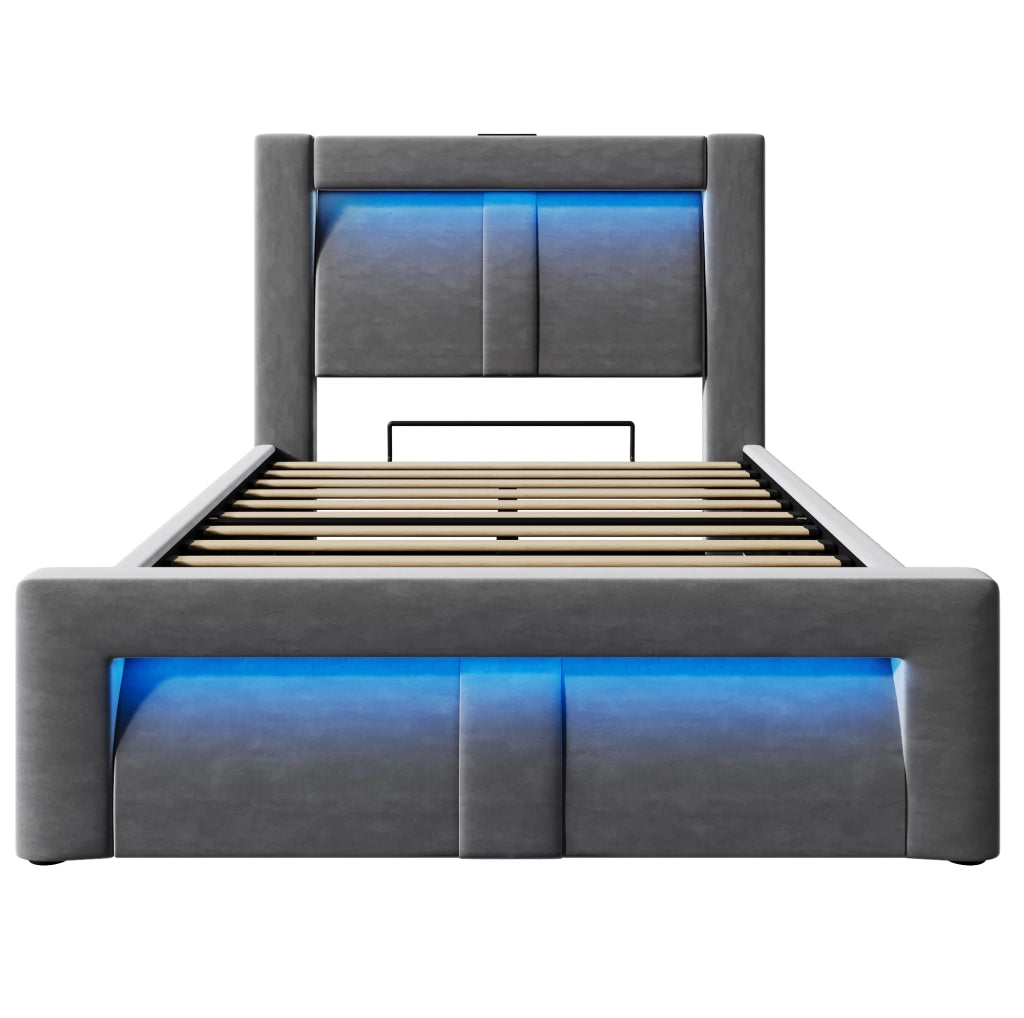 Letto singolo 90x200 cm con contenitore; LED; porte USB e USB C; velluto grigio