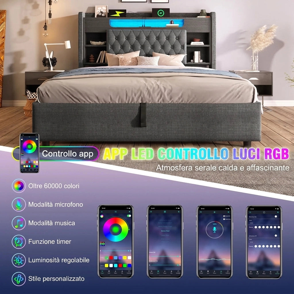 Letto contenitore 140x200 con LED e prese USB; in lino; grigio