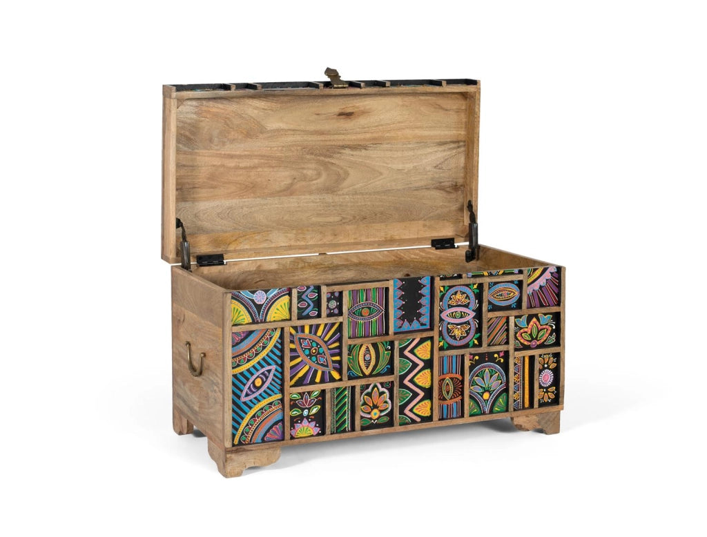Cassapanca realizzato in legno di mango multicolore dipinto a mano