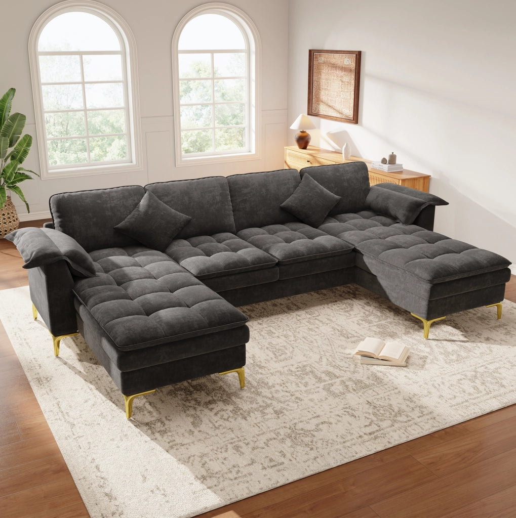 Divano a U modulare 4-5 posti 262 cm in chenille grigio