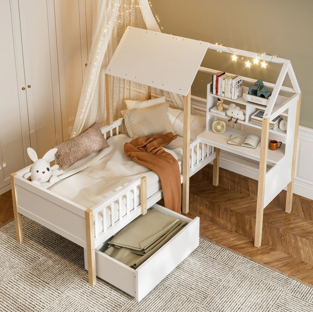 Letto a soppalco 90x200 cm con scrivania; libreria e cassetti in legno bianco