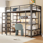 Letto a soppalco multifunzione in metallo e legno, con LED, scrivania e prese, nero, 90x200 cm
