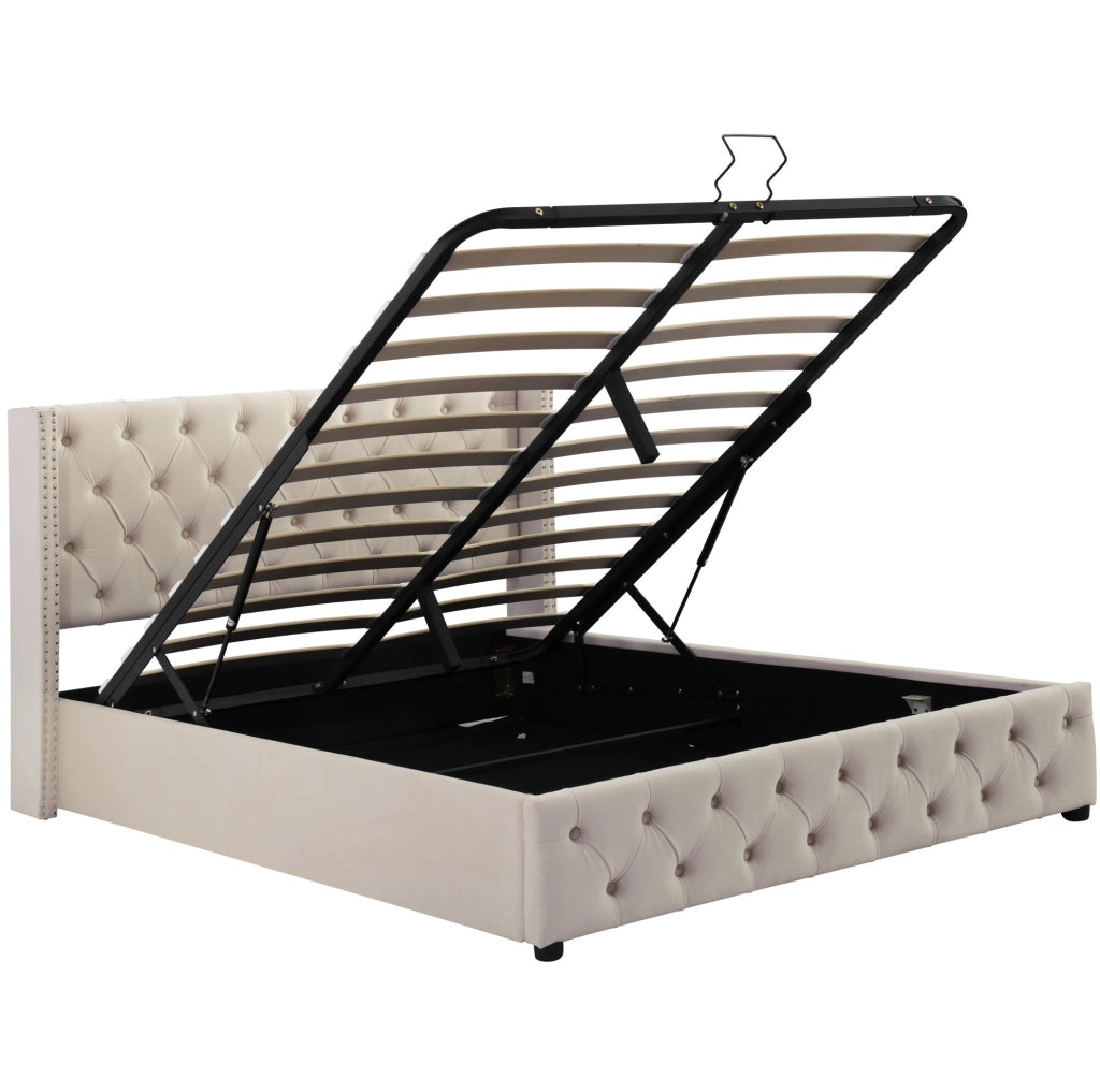 Letto contenitore Chesterfield in velluto beige 140x190 cm